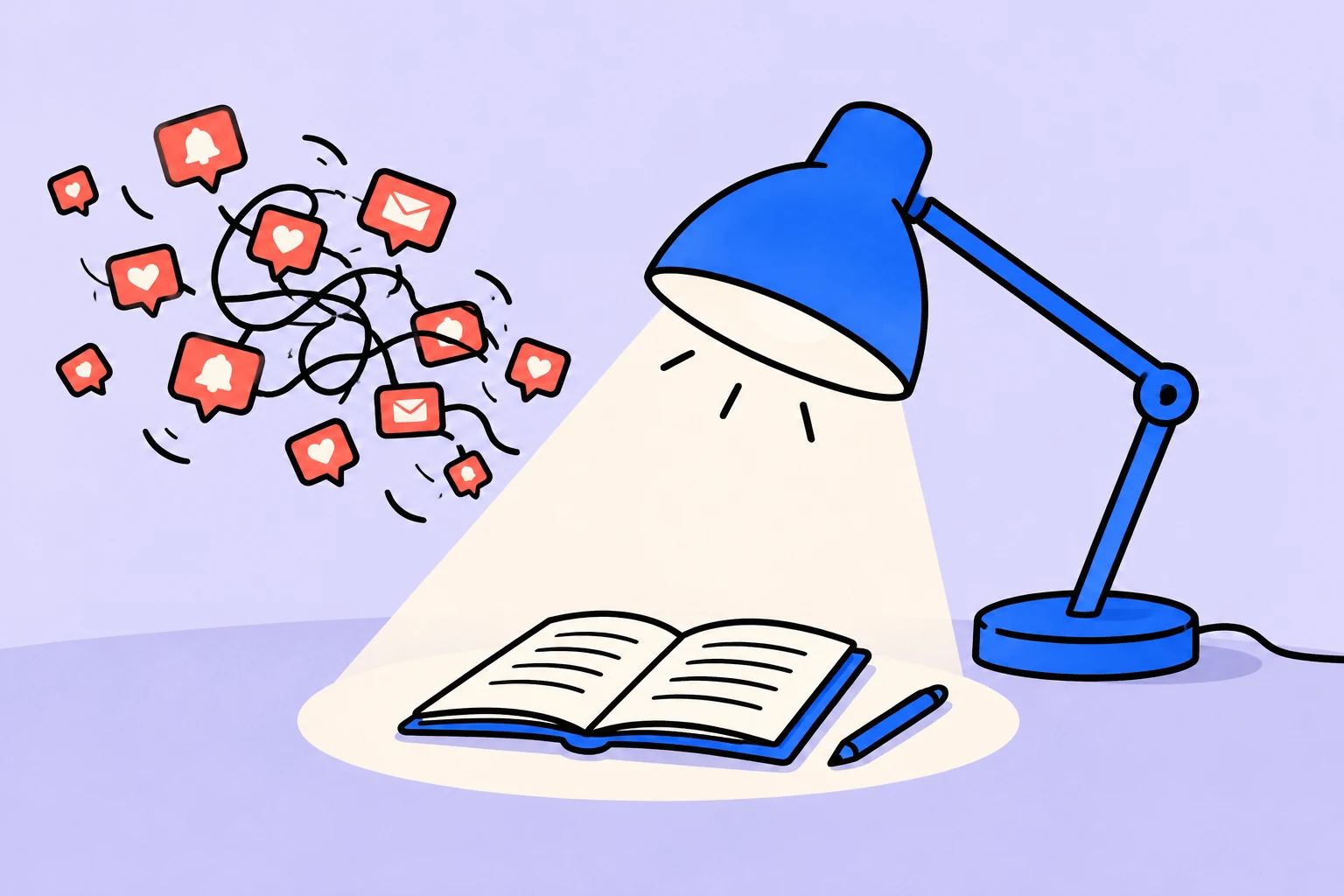 A desk lamp lights a notebook while notifications stay outside the pool of light