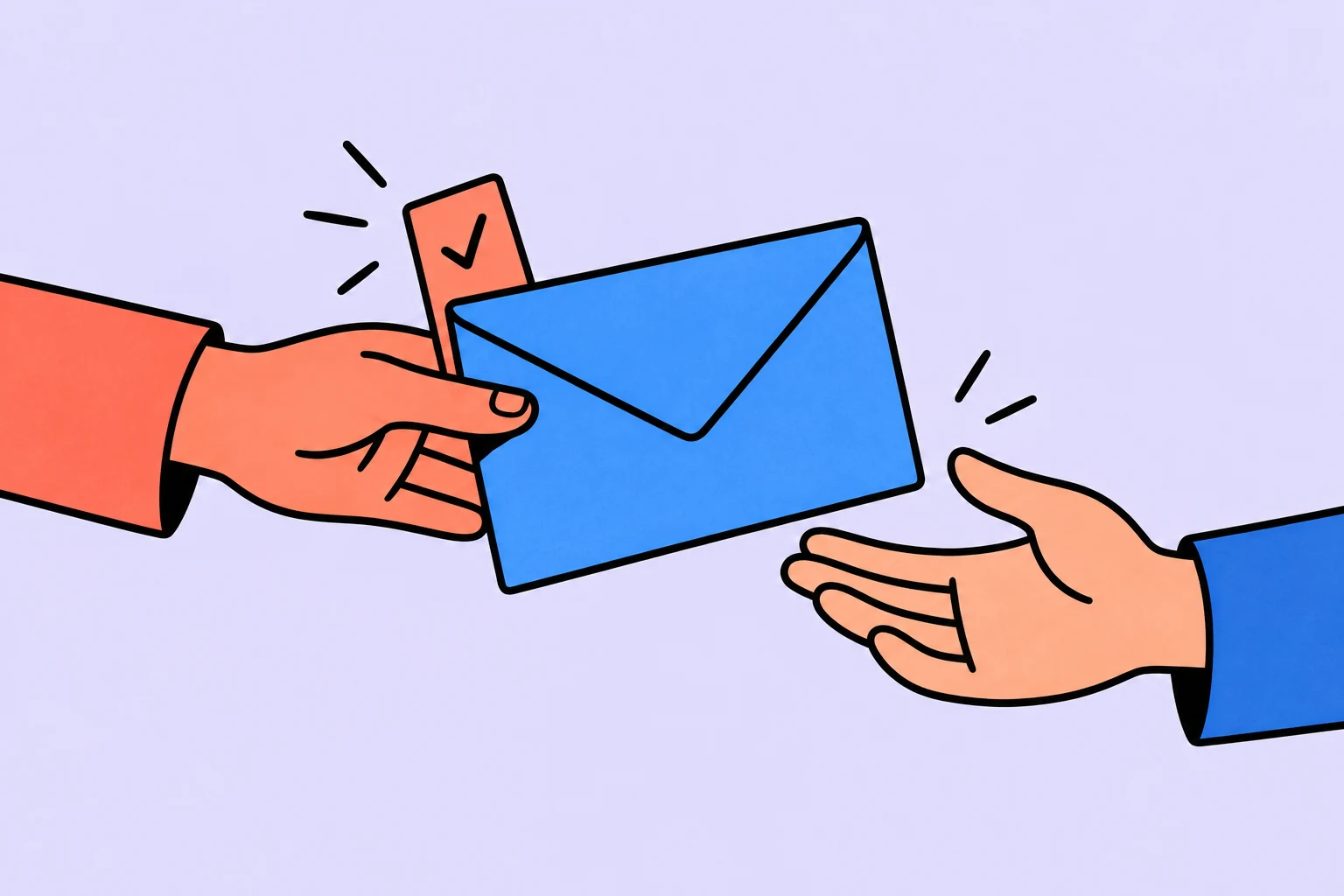 An envelope changes hands; the sender keeps a bookmark for the next check