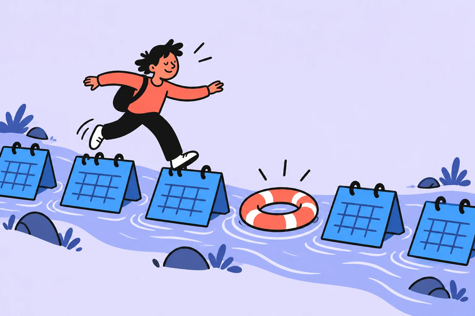 Calendars form a crossing over a river, while a life ring leaves a buffer for the unexpected