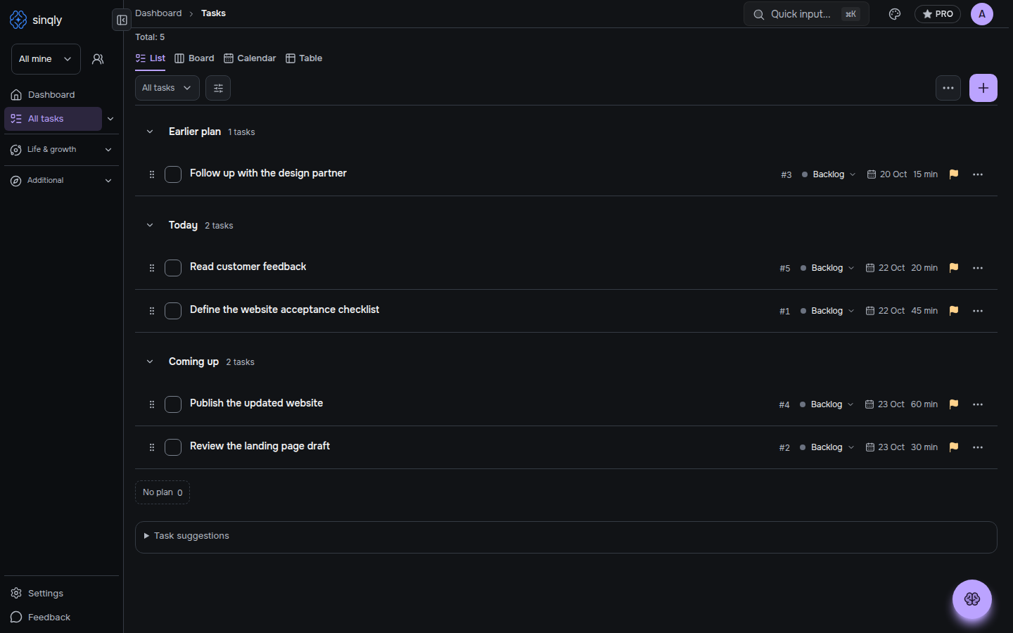 Example tasks in Sinqly week view