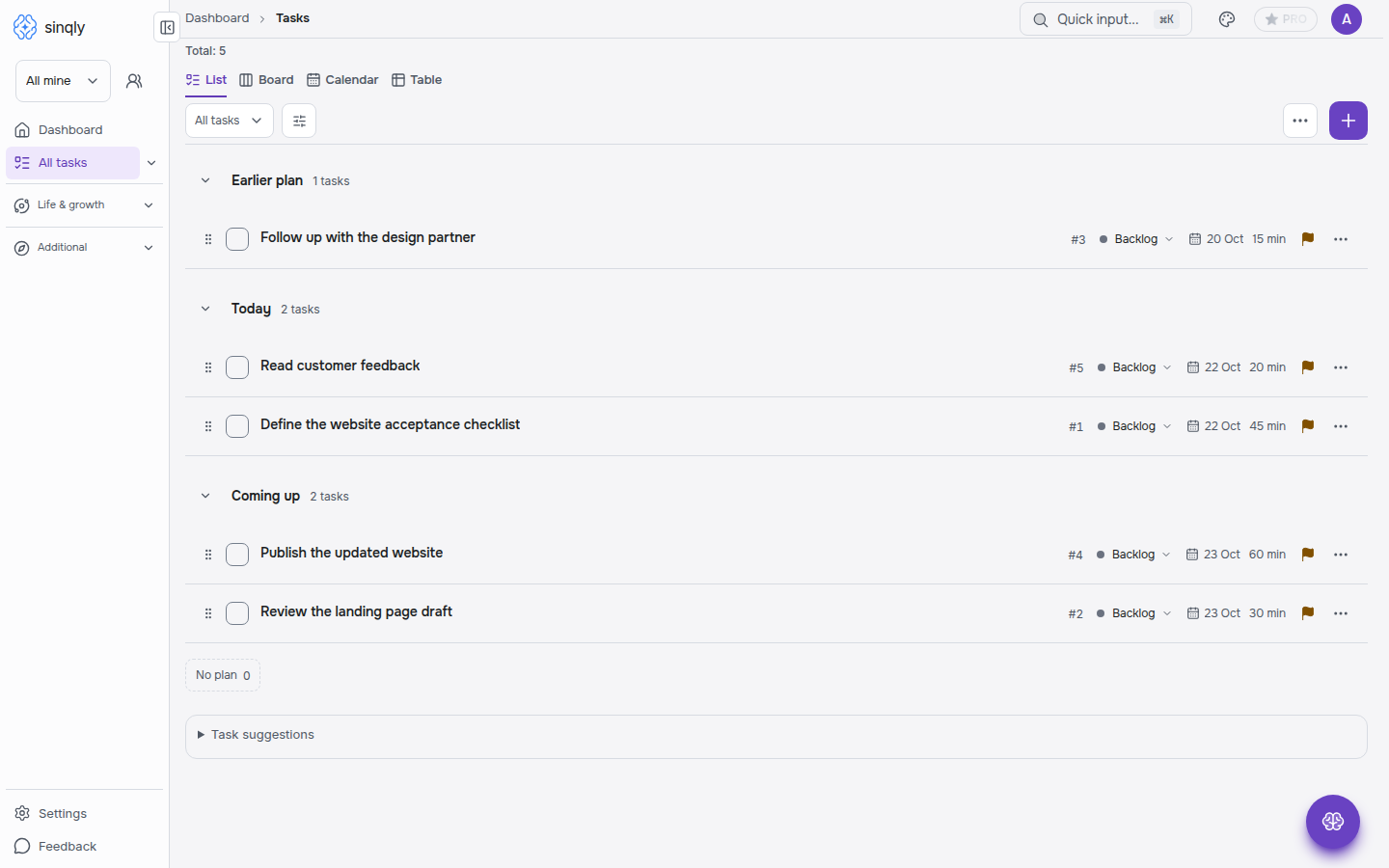 Example tasks in Sinqly week view